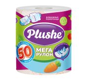 Полотенце бумажное Plushe Мега рулон 2 слоя, 1 рулон, 50м, белое, оранжевое тиснение, 10 в упаковке